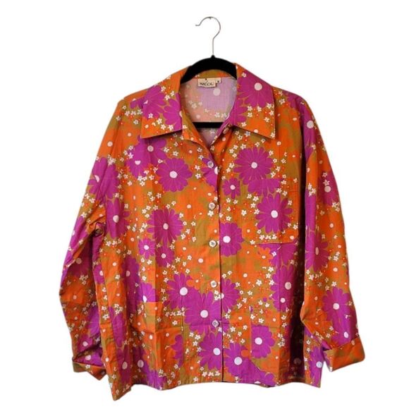 Balou Women's Marie Cotton Orange Vibrant Retro Floral Button Front Shirt Size S - Picture 1 of 5